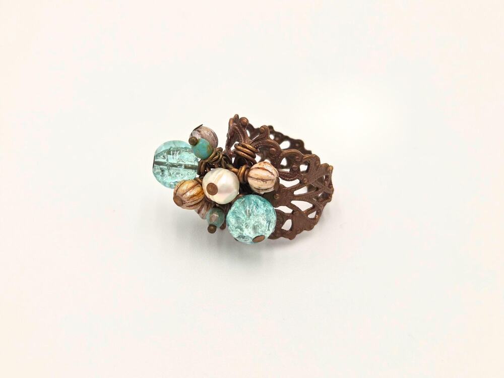 Adjustable Beaded Cluster Ring - Aqua Turquoise Bronze Boho Jewelry